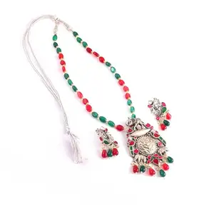 Stunning red Green Onyx polki Necklace for Women: Elegant Pure Silver Jewelry Set - Perfect Sterling Silver Necklace for Girls Silver Necklace