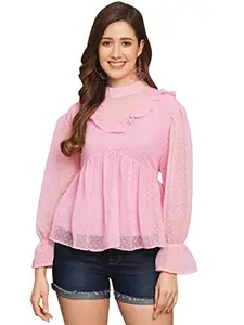 FUNDAY FASHION Casual Cuffed Sleeves Solid Women Boota Top (X-Large, Pink)