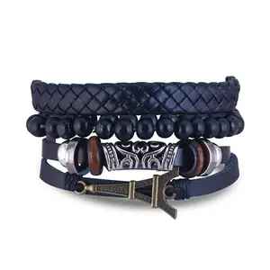 MEENAZ Bracelet for Men Black Leather Bracelet for boys Magnetic-Clasp Leather Mens Beads Bracelet Evil eye Bracelets for Men Stylish Combo Silver Stainless Steel Birthday Gift Anniversary Husband 708