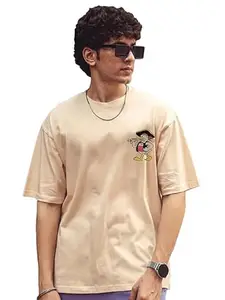 Casual Cotton T-Shirt with Cartoon Print, Beige, Short Sleeve (in, Alpha, M, Regular, Beige)