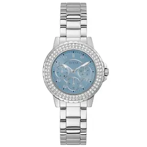 GUESS Ladies Sport Crystal Multifunction 36mm Watch, Silver-Tone/Ice Blue, one