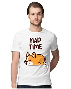 ALLEN BLACK Men's Regular Fit T-Shirt Nap Time Corgi 100% Cotton T-Shirt White_NAptIMEMN-White XL Men Round_