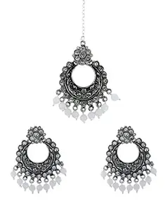 Anuradha Art jewellery Anuradha Art Grey Colour Chandbali Earrings With Maang Tikka Set For Stylish Women & Girls