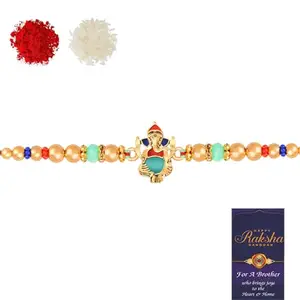 De Marquis Rakhi Combo Set of 3, 1 Ganesha (Kids) Rakhi, 1 Roli Chawal Pack, 1 Greeting Card for Bro/Brother/Bhaiya/Bhai/Bhabhi/Sister/Kids Happy Rakshabandhan