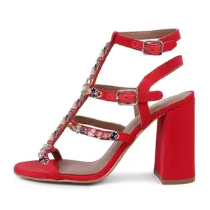 SaintG Womens Gretel Multi Stone Embellished Red Cage Block Heels (Red, 7)