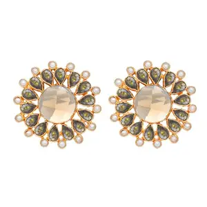 Yinara 22K Gold Plated Faux Smoky Quartz & Crystal Studded Contemporary Floral Shaped Studs