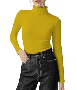 THE BLAZZE Women's Cotton Stylish Western Basic Solid Wear high Neck with Full/Long Sleeve Crop Top for Women L713 1035 (L, YEL)
