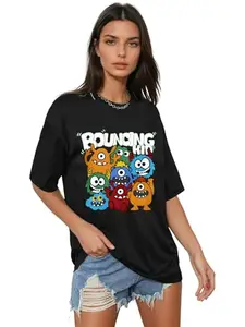Aahwan Black Bouncing Printed Oversized Fit Drop Shoulder Tee Top & T-Shirt for Women's & Girl's(1001-Black-XL)