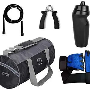 5 O' CLOCK SPORTS Polyester Gym Bag Combo Set Enclosed with Shoe Compartment, Gloves with Wrist Support for Fitness - 49cm x 24cm x 24cm - Grey , Sipper - Black - Blue