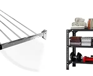 CONCEPT & SOLUTIONS 5 Pipes x 5 Feet -Foldable Wall Mounted Cloth Dryer/Clothes Stand (4 Pipes, 5 feet) and Slotted Angle Metal Rack (2 x 2 x 1 Ft. / 24 x 23 x 12 Inch) with 3 Shelves (Black) Combo Pack|CS-386