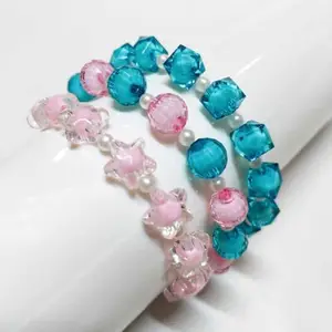 GINAA Elastic Bracelet Set of 3 for Women, Spherical, Cube and Star Shapes, Blue and Pink Colours, Bead Sizes 10 mm and 7 mm