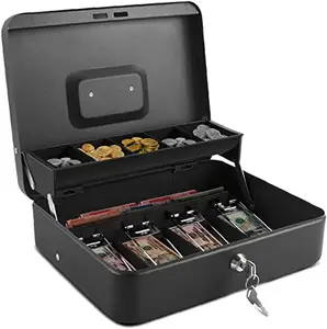 CARTBURG Double Layer Petty Cash Money Storage Box tray, Metal Money Safe Box with Money Tray and Key Lock with Cantilever Coin Tray & 4 Spring-Loaded Clips Lock Box for Money (1pcs/multicolour)