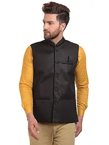 Goggian Men's Jute Black Stylish Sleeveless Nehru Jacket Slim Fit Waistcoat