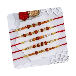 eCraftIndia Set of 5 Multicolor Beads Pearls Diamond Rudraksha Rakhis for Brother Bhaiya Bhai | Roli Chawal Pack | Raksha Bandhan Rakhi Combo Hamper