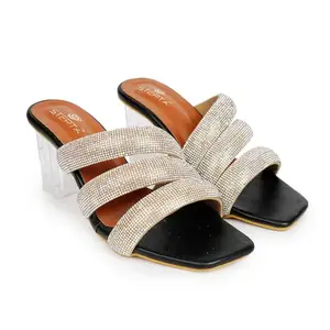STEPT6 Women's & Girls Stylish Dazzling Diamond Strap Block Heel Comfortable & Trendy Party Ladies Summer Fashion Sandals. Black