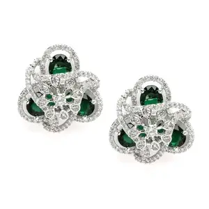 Karatcart Silver Plated Green Cubic Zirconia Floral Design Stud Earrings for Women