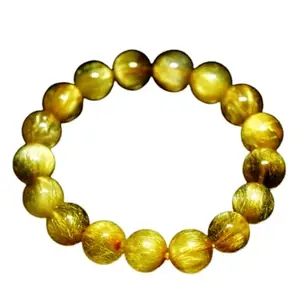 RRJEWELZ Natural Hair Rutile Quartz Round Shape Smooth Cut 12mm Beads 7.5 inch Stretchable Bracelet for Healing, Meditation, Prosperity, Good Luck | STBR_04010