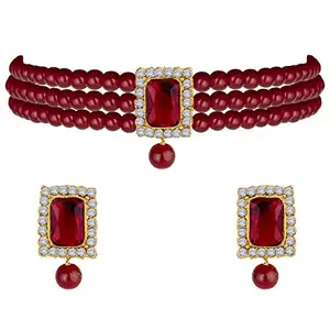 Peora Gold Plated Indian Traditional Crystal Pearl Beaded Choker Necklace Jewellery Set for Women