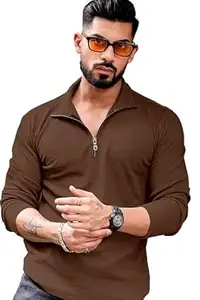KAJARU Men's Polyester Blend T Shirt with Spread Collar Neck Line Zipper Closure Full Sleeves Solid Pattern Regular Fit and Standard Length