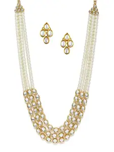 fabula by OOMPH Jewellery White Pearls & Kundan Ethnic Mala Necklace Set with Drop Earrings for Women & Girls
