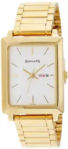 Sonata Quartz Analog with Day and Date White Dial Gold Stainless Steel Strap Watch for Men - NT7078YM03
