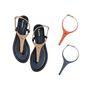 Cameleo -changes with You! Women's Plural T-Strap Slingback Flat Sandals | 3-in-1 Interchangeable Strap Set | Brown-Polka-Dots-Leather-Red-Dark-Blue