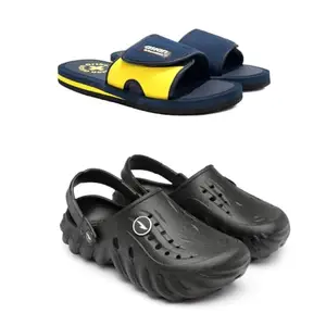 ASIAN Men's Casual Walking Daily Used Clogs & PU Slipper Combo with Lightweight Design Clog & Slippers for Men's & Boy's Navy