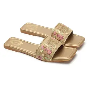 DIPYO Casual Trendy T-Strap Shine Embroidered Flat Sandals For Women & Girls | (Gold, 38)