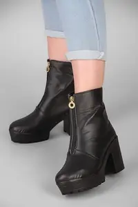 STRASSE PARIS Amazing Design Womens Black Solid Zipper Block Heeled Boots
