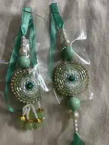 Handcrafted Beaded Rakhi Set, Traditional Mosaic Design with Pearl Accents, Blue and Mint Green Variants
