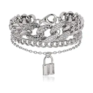 Jewels Galaxy Silver Plated Stone Studded Lock inspired Multi-strand Bracelet For Women and Girls (CT-BNGE-49181)