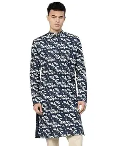 Majestic Man Men’s Regular Fit Ethnic Motifs Printed Pure Cotton Long Kurta with Mandarin Collar & Full Sleeves