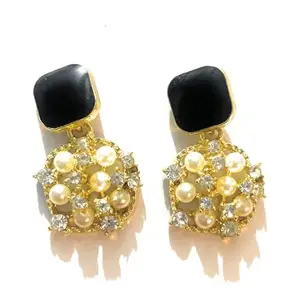 Elegant Drop Earrings, Black Square Top with Pearl and Crystal Cluster, Gold-Tone