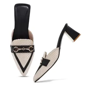 Froh Feet Women's Textured Pointed-Toe Mules with Gold Buckle & Block Heel – Elegant Weave Design