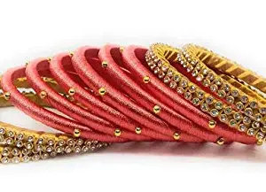 HARSHAS INDIA CRAFT Hand Craft Silk Thread Plastic Gold Plated and Zircon Bangle Peach -Gold (size-2/6)