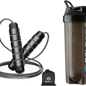 Boldfit Skipping Rope for Men, Women & Children & Boldfit Plastic Gym Typhoon Shaker Bottle(Typhoon Black, 650 Milliliters)