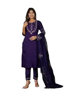 SAMRAGNI Women’s Elegant Straight Kurti Pant Dupatta Set | Viscose Silk Embroidered Kurta | Chanderi Silk Digital Print Dupatta