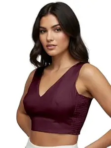 Mehrang V-Neck Taffeta Padded Sleeveless, Back Hook Closure with Smocked Side Panel, String or tie, Readymade Saree Blouse for Women