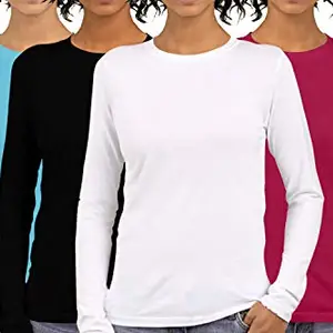 Pooplu Women's Regular Fit Combo Round Neck Full Sleeves Pack of 4 Cotton Plain Turquoise, Black, White, Dark Pink t-Shirts. Casual, Stylish, Pootlu Plain Tshirts.(Oplu_Multicolored_3X-Large)
