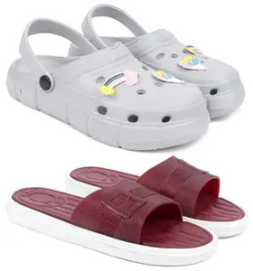 Pampy Angel Combo Pack of 2 Slipper/Flip Flops/Slides/Clogs/Sandals with Adjustable Back Strap for Women,(WCL-Ranbo-Grey,Buckle-Maroon),37 (Euro)