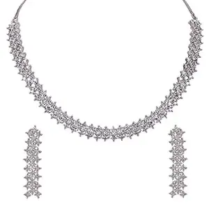 Ratnavali Jewels Brass Silver Plated Designer White Cubic Zirconia Light Necklace & Earrings Set for Women & Girls RV4079W