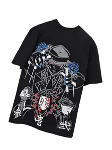 ComicSense.xyz Unisex Demon Slayer Anime Oversized T Shirts for Men and Women, Demon King’s Puppets Printed Drop Shoulder Tshirt - Large Black