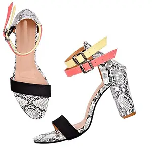 FROH FEET Embellished Ankle Strap BlacK Block Heel Sandals for Girls Stylish Casual Party/Wear Comfortable Fashion Heel Sandal