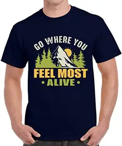 Caseria Men's Cotton Graphic Printed Half Sleeve T-Shirt - Feel Most Alive (Navy Blue, XXL)