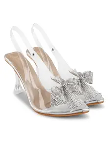 JM LOOKS Women Stylish Fashionable Party Heel Kitten Heel Sandal Embellished Heel Pointed Toe Back Strap for Wedding Party Evening Prom - Silver