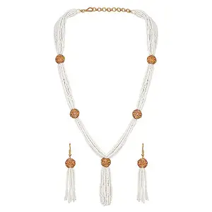 ACCESSHER Gold Plated Stylish Wedding Style Handcrafted Long Multi Strand Pearl Jaipuri Mala Necklace with Earrings Set for Women and Girls Set of 1 (Gold1)
