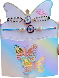 Evil Eye Rakhi Set with Pearl Beads, Butterfly Design Card, Blue and Gold, Pack of 2