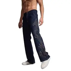 FUGAZEE Dark Wash Mayan Embroidery Denim Jeans for Men | Wide Leg Cotton Denim with Rivet Detailing | Vintage Dark Wash Flared Jeans with Zipped Fly, Button Closure & Belt Loops