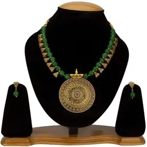 WORLD WIDE VILLA Oxidised Silver Earring & Necklace Set For Women Pack of 1 Green || WV_Set53