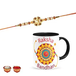 Manonita Rakhi Gift for Brother, bhaiya bhabhi, Gift Set (Rakshabandhan Mug, Roli,Chawal) BLACKMUG-12-BJ
